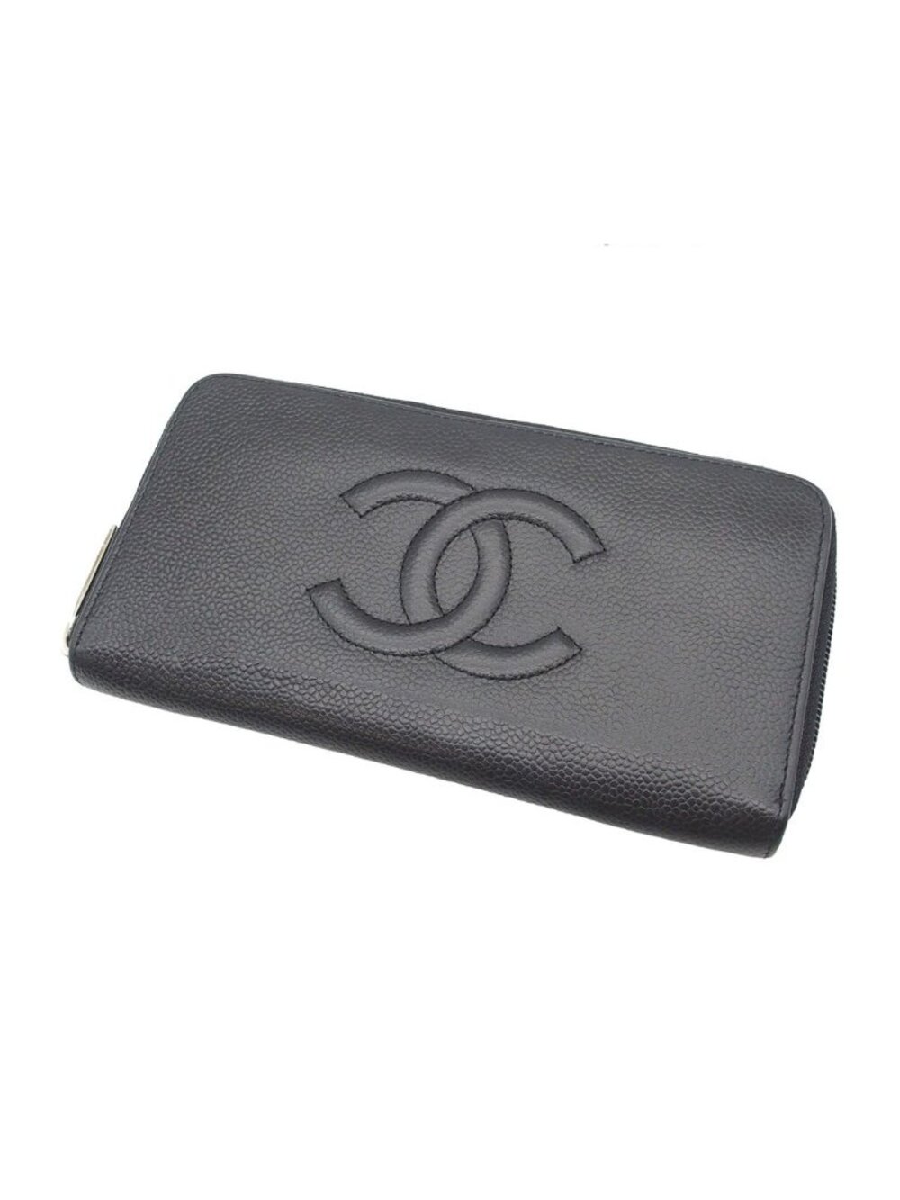Chanel Wallet CC Logo Zip Around Black Silver Caviar Leather